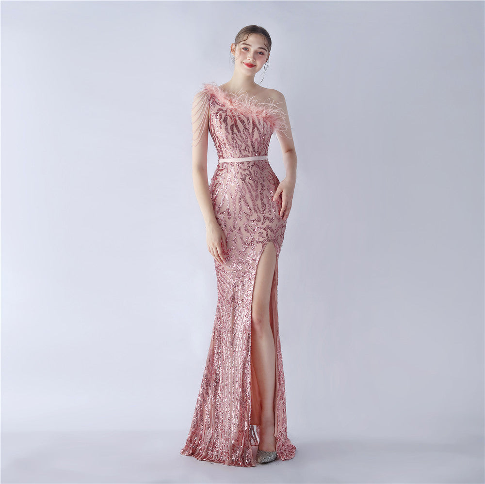 Fur Slant Neck One Shoulder Formal Dress
