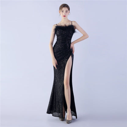 Ostrich Beaded Side Split Formal Dress