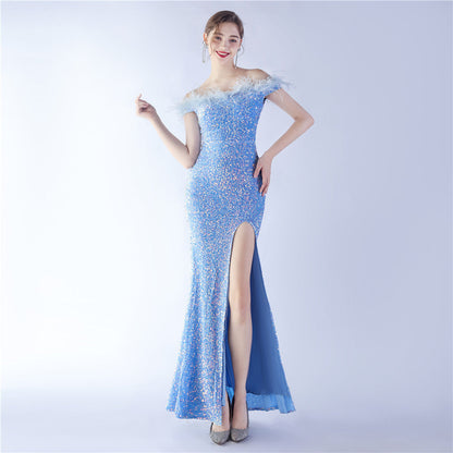 Fur One Shoulder Formal Dress