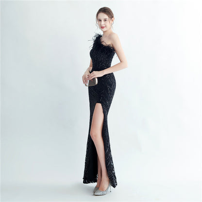 Fur Layered Beaded Formal Dress