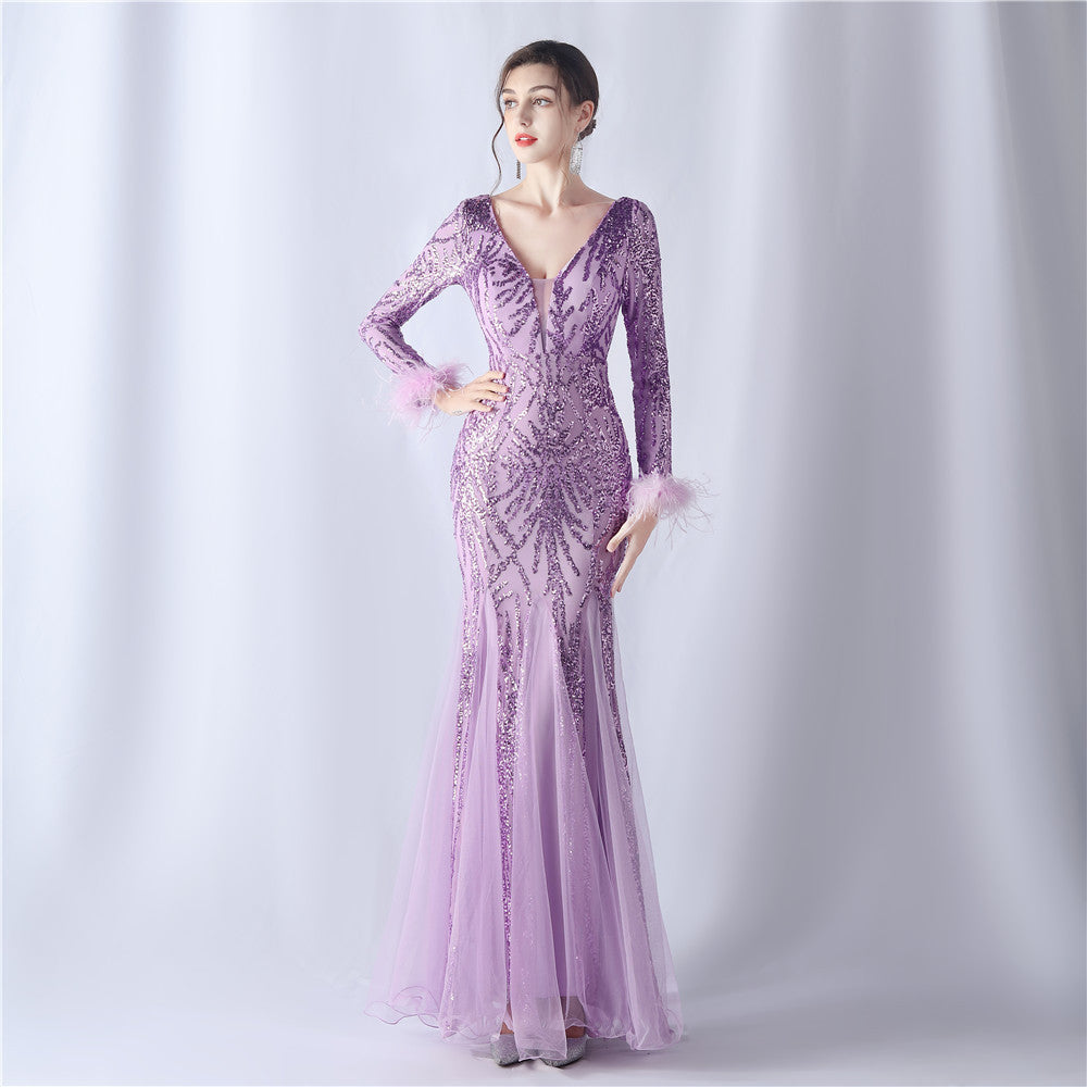 Ostrich Fur Mesh Beaded Formal Dresses