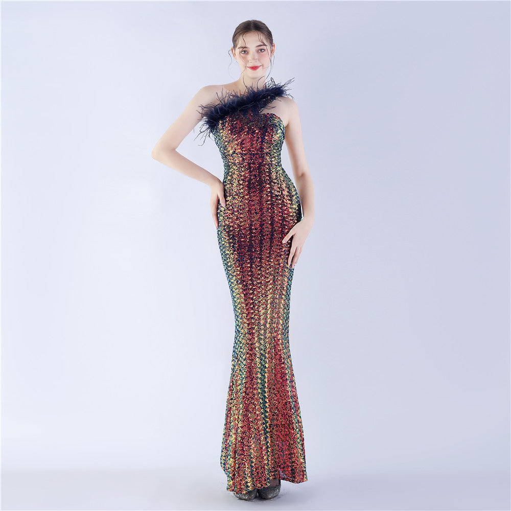 Ostrich Fur One-Shoulder Slant Neck Beaded Maxi Formal Dress