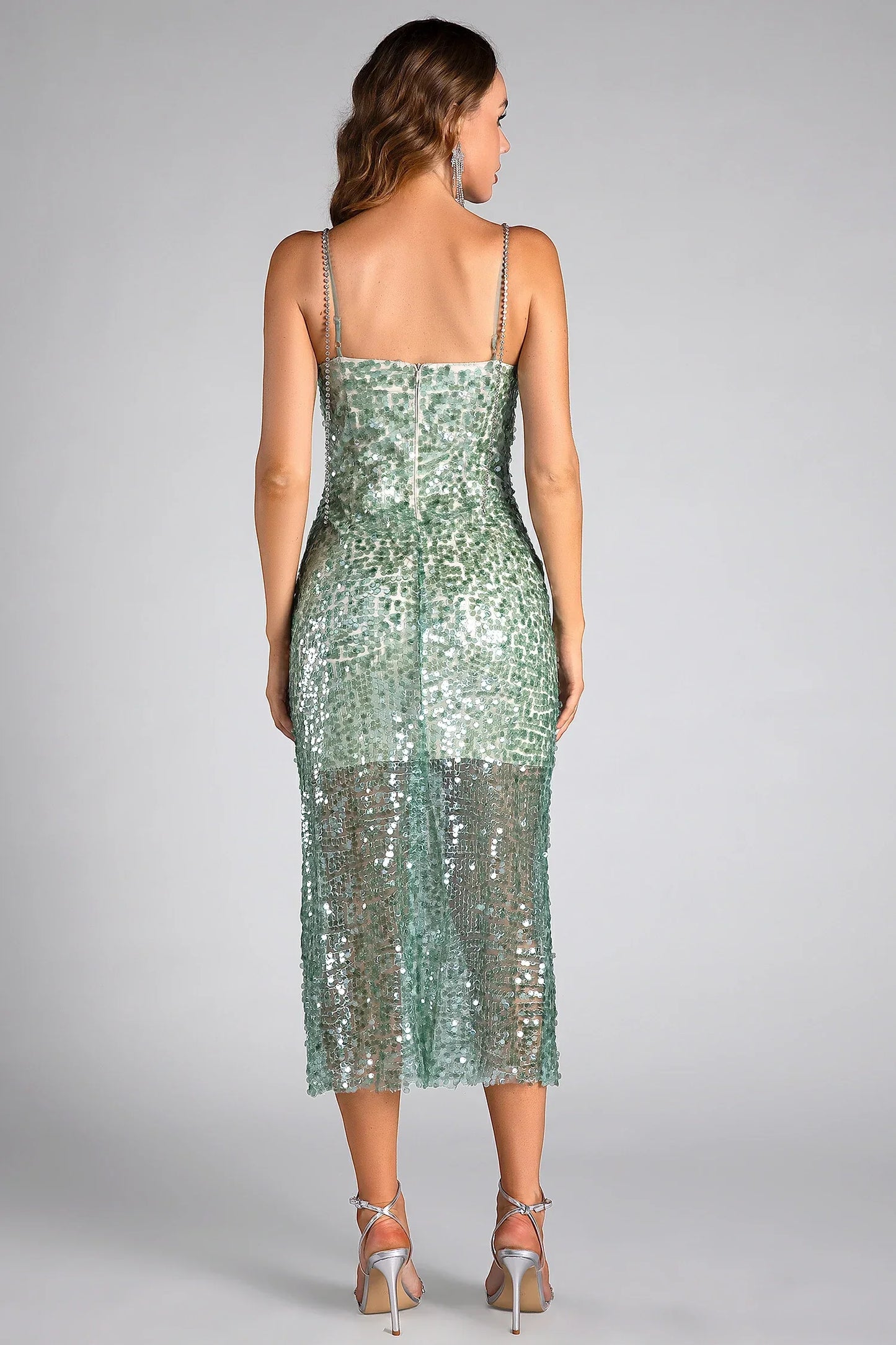 Primili Rhinestone Strap Sequin Midi Dress
