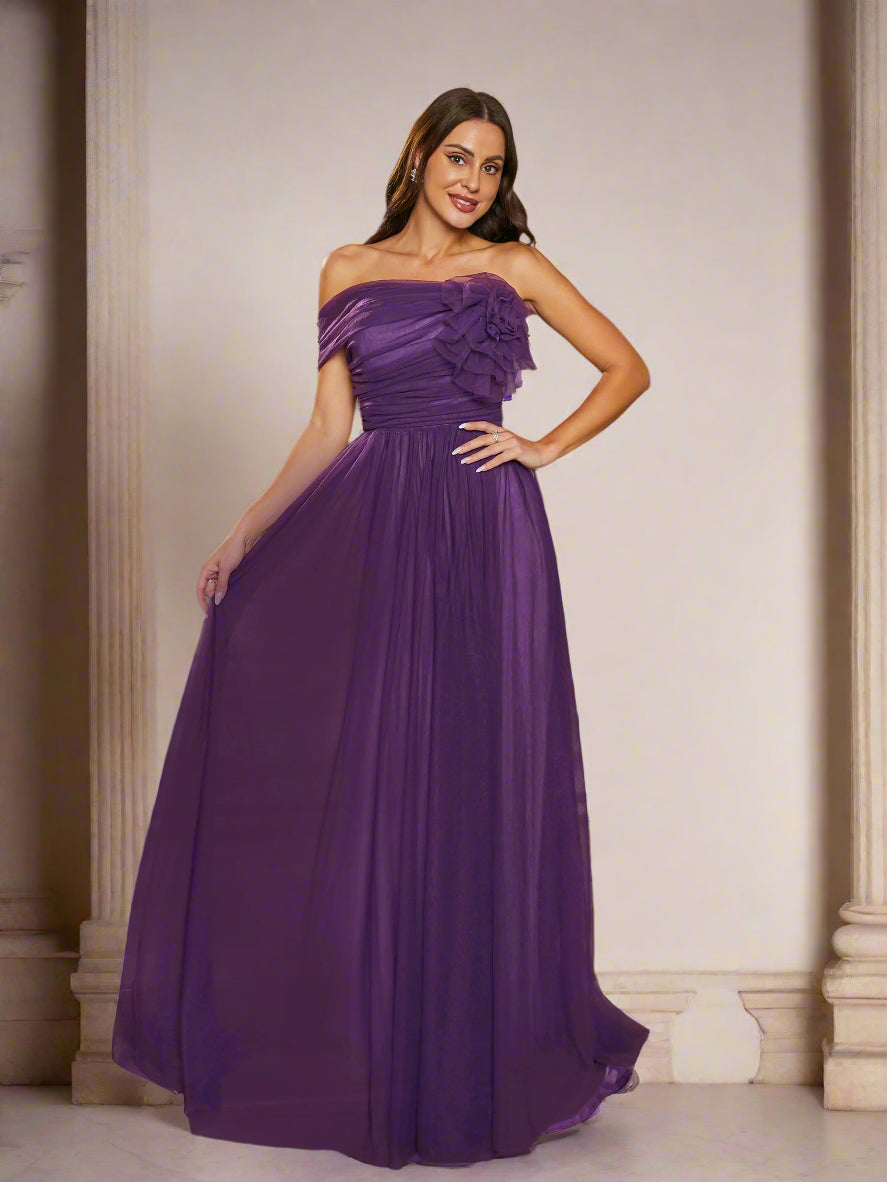 Off Shoulder Pleated A-Line Purple Tulle Bridesmaid Dress