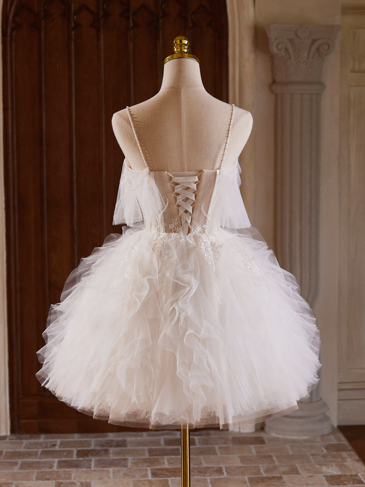 Ball Gown Tulle Lace Light Champagne mini Dress with Beads
