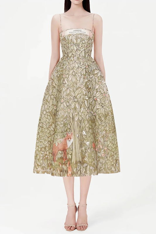 チョコレート色のジャングルプリントミディドレス