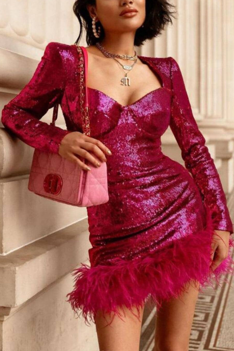 SEQUIN FEATHER MINI DRESS IN PINK
