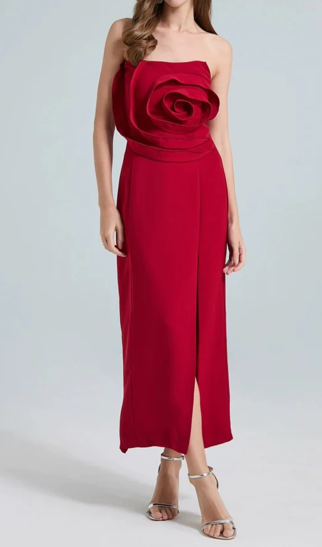 michelle 3d flower strapless midi dress in red