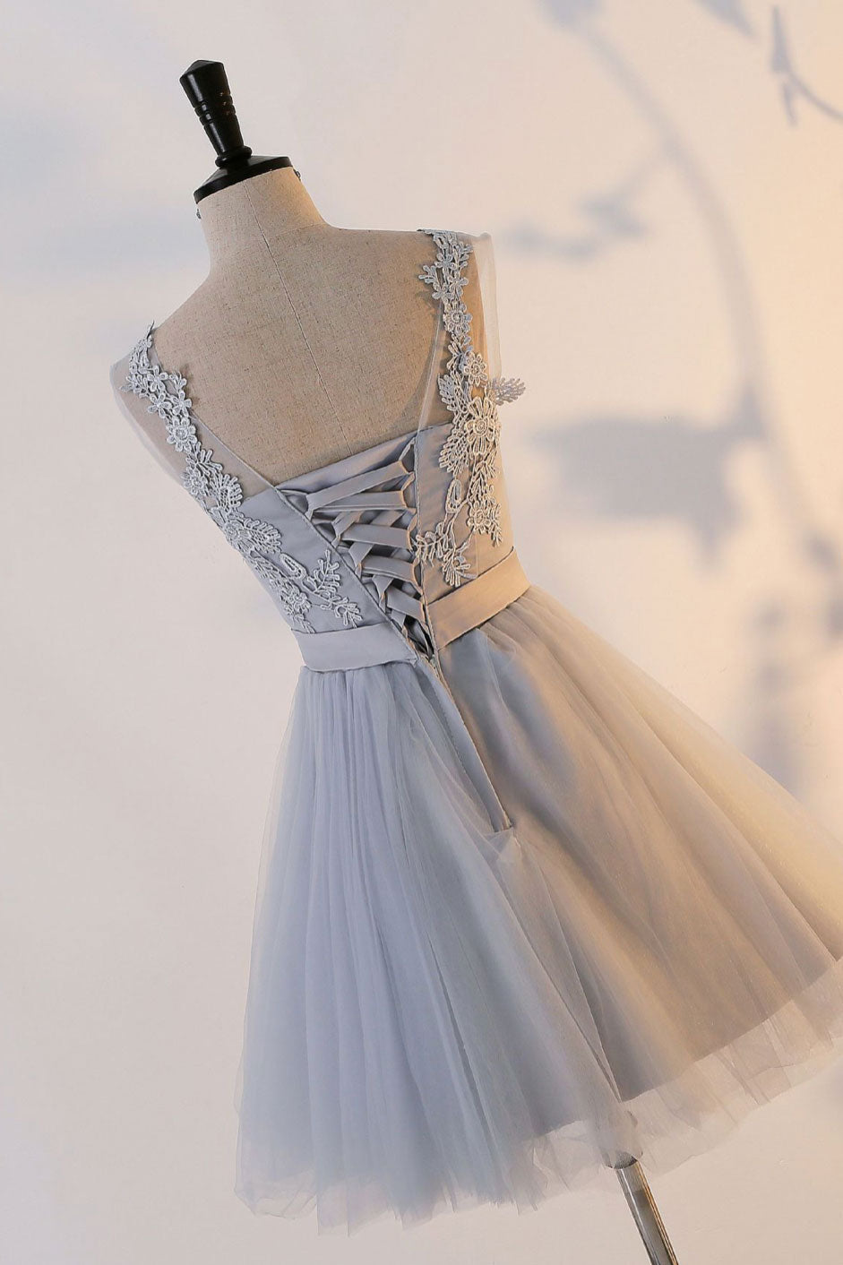 gray tulle lace mini prom dress