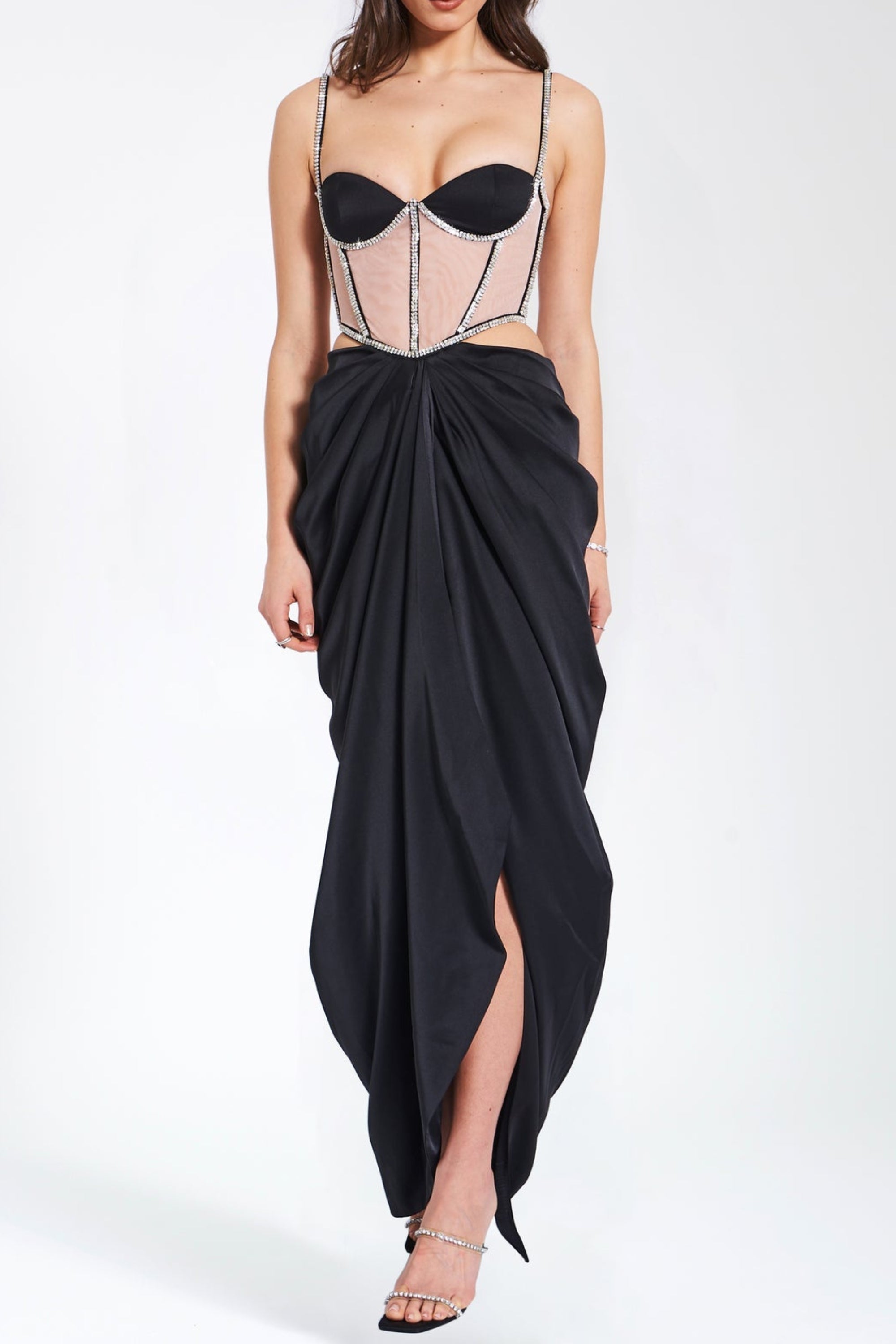 Black Satin Crystal Embellished Corset Dress