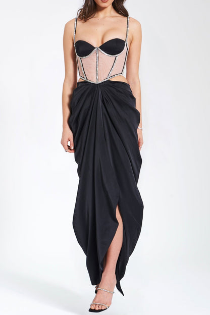 Black Satin Crystal Embellished Corset Dress