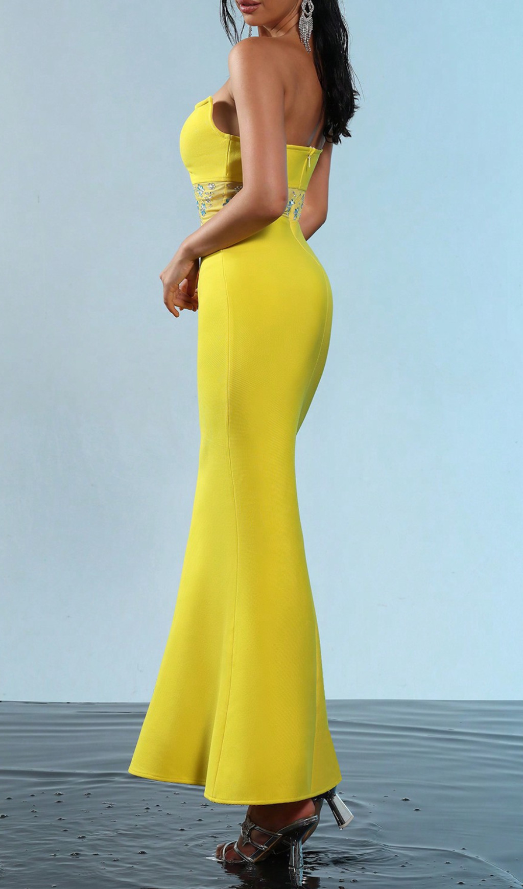 mesh splice rhinestone decor yellow maxi bandage dress