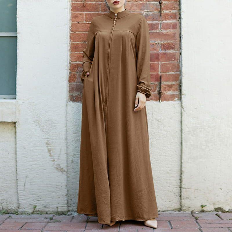 Muslim Style Arabic Style Stand-up Collar Zipper Pockets Abaya Casual Dresses
