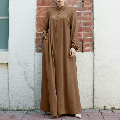Muslim Style Arabic Style Stand-up Collar Zipper Pockets Abaya Casual Dresses