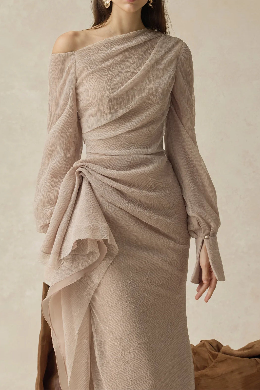 brianna Asymmetric Long Sleeve pleated maxi Dress in beige