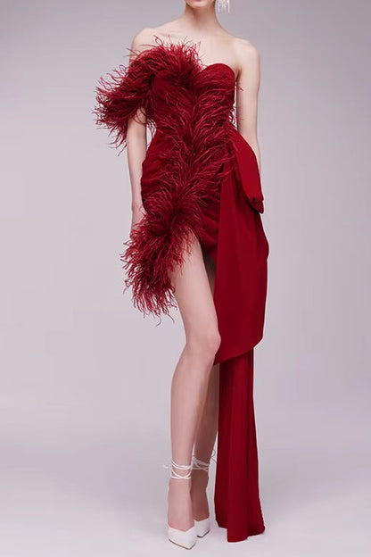 burgundy feather embellished strapless mini dress