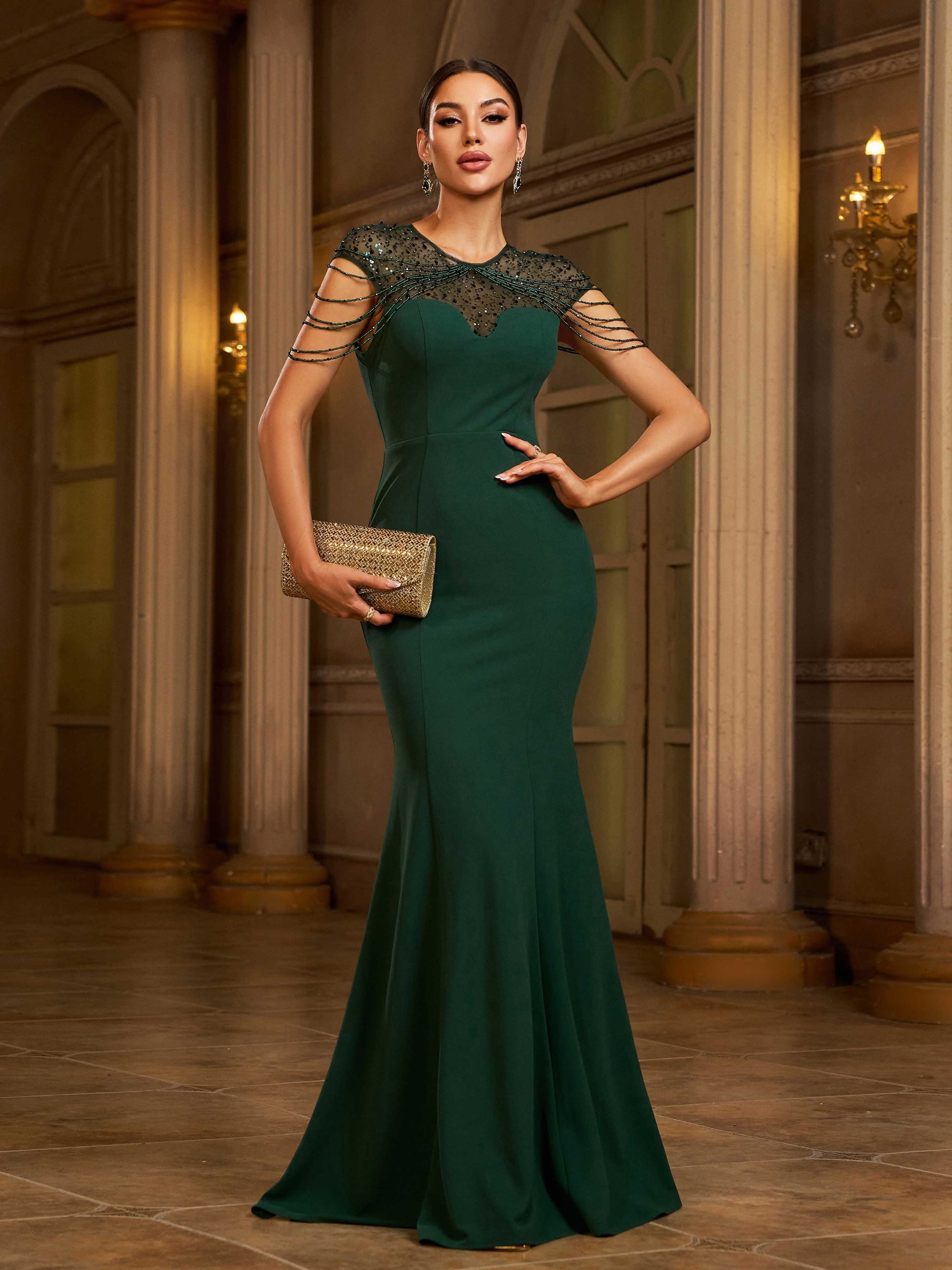 Green Chain See-through Elegant Wedding Guest Dress