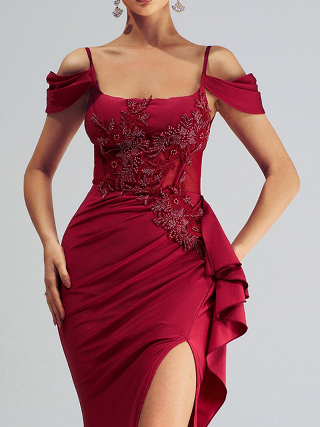 Red Embroidered Ruffled Mermaid Prom Dress