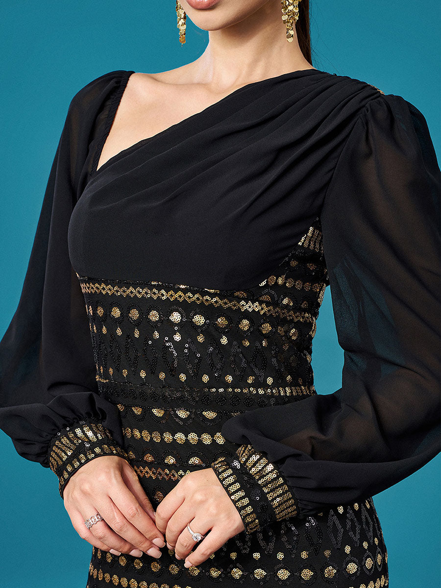 Black Long Sleeve Cutout Sheath Sequin Dress