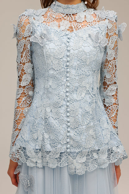 yvette blue Long Sleeve Folds Lace Butterfly Top And Skirt Two-Piece Set