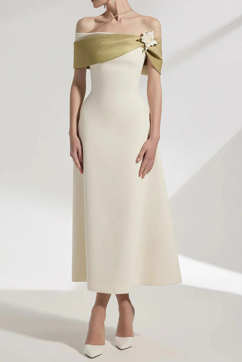 A-line Open Shoulder Cotton Crepe Midi Dress in beige