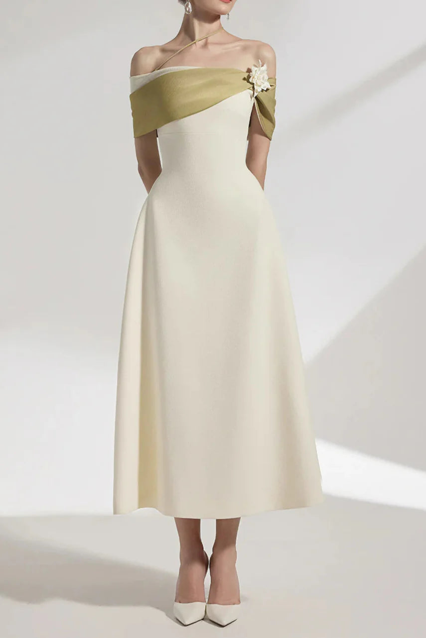 A-line Open Shoulder Cotton Crepe Midi Dress in beige