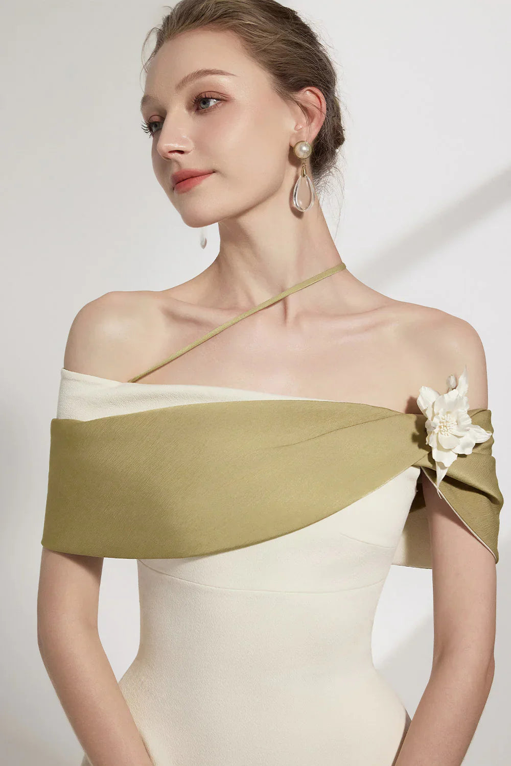 A-line Open Shoulder Cotton Crepe Midi Dress in beige