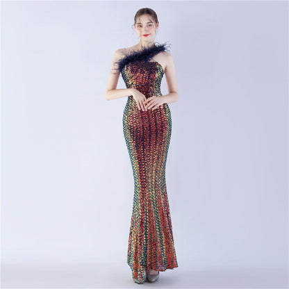 Ostrich Fur One-Shoulder Slant Neck Beaded Maxi Formal Dress