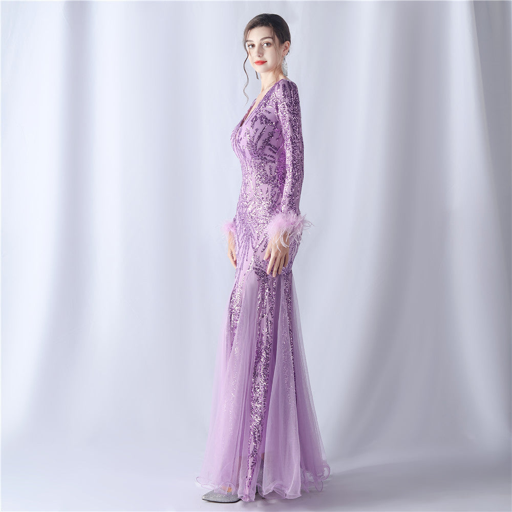 Ostrich Fur Mesh Beaded Formal Dresses