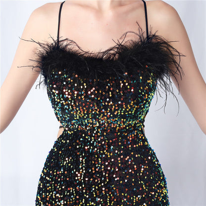 Velvet-backed hand-beaded formal dress