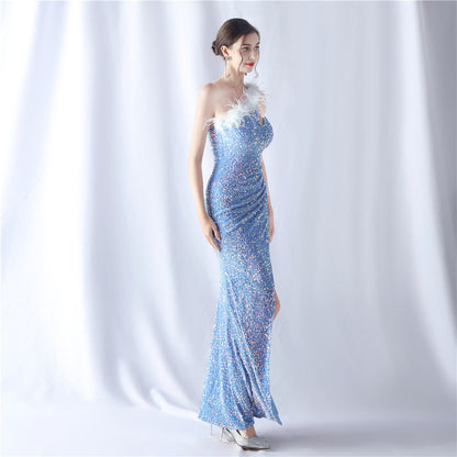 Ostrich Velvet Bottom One Shoulder Formal Dress