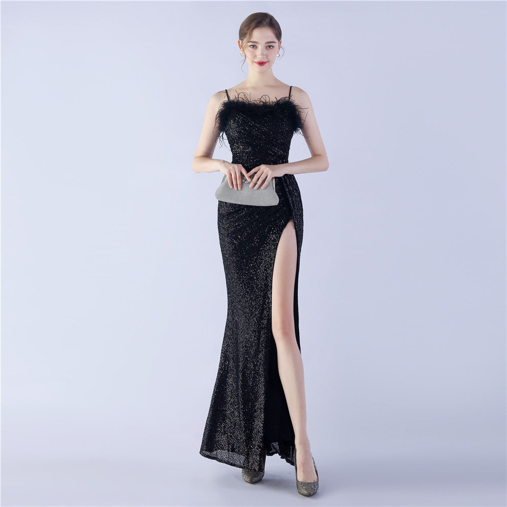 Ostrich Beaded Side Split Formal Dress