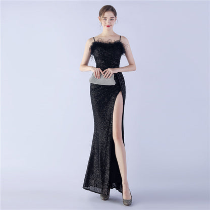 Ostrich Beaded Side Split Formal Dress
