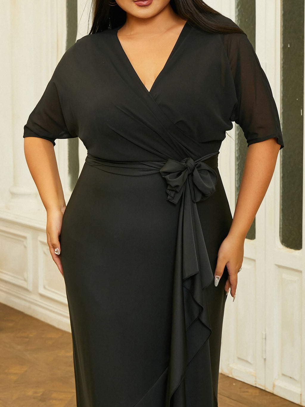 Plus Size Bow Knot V-neck Mermaid Prom Dress