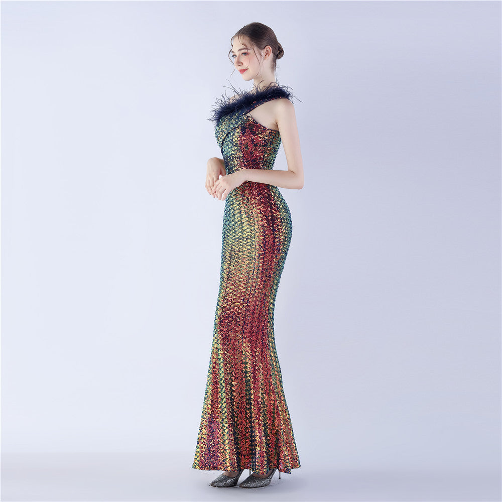 Ostrich Fur One-Shoulder Slant Neck Beaded Maxi Formal Dress