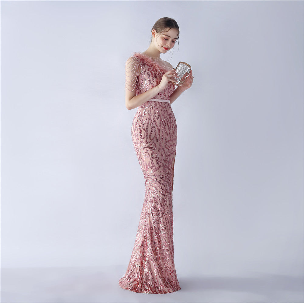 Fur Slant Neck One Shoulder Formal Dress