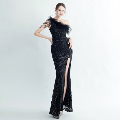 Fur Layered Beaded Formal Dress