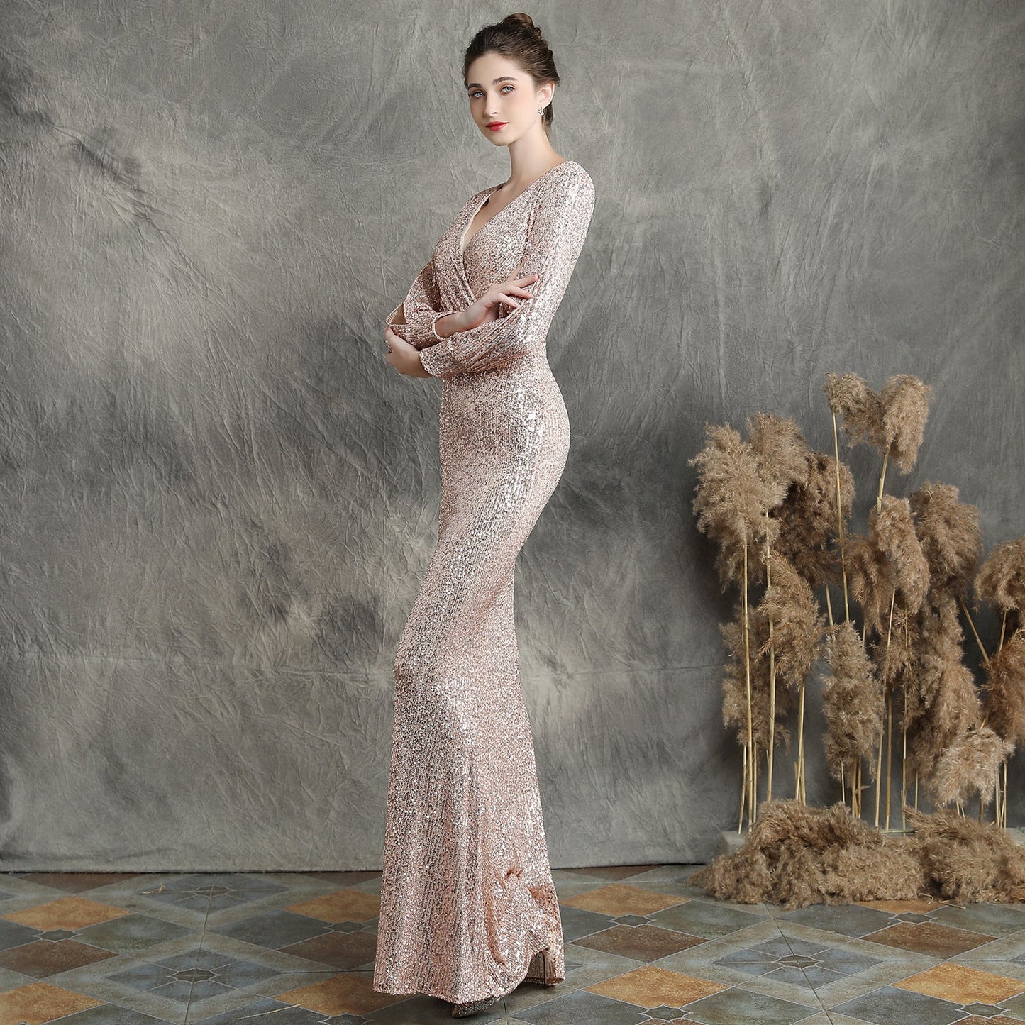 Sleeve Sequin Formal Dress
