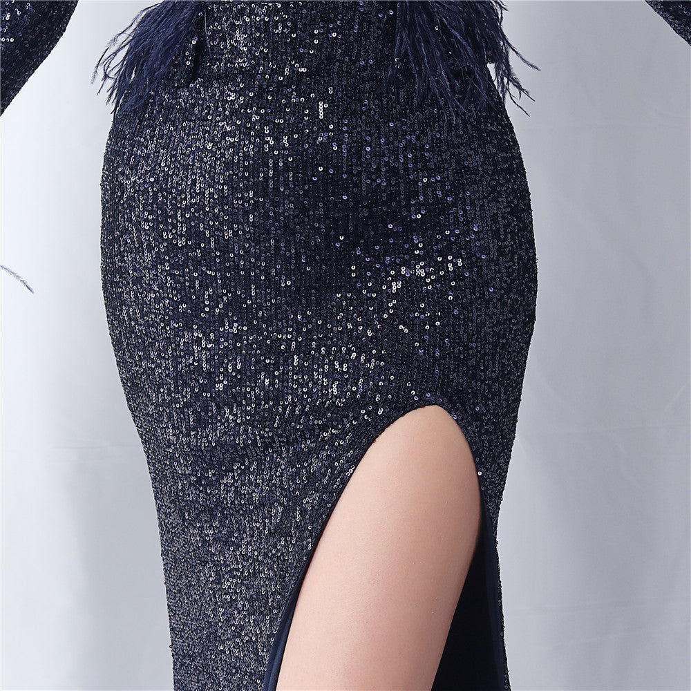 Ostrich Fur Long Sleeve Formal Dress