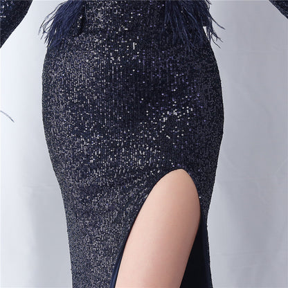 Ostrich Fur Long Sleeve Formal Dress