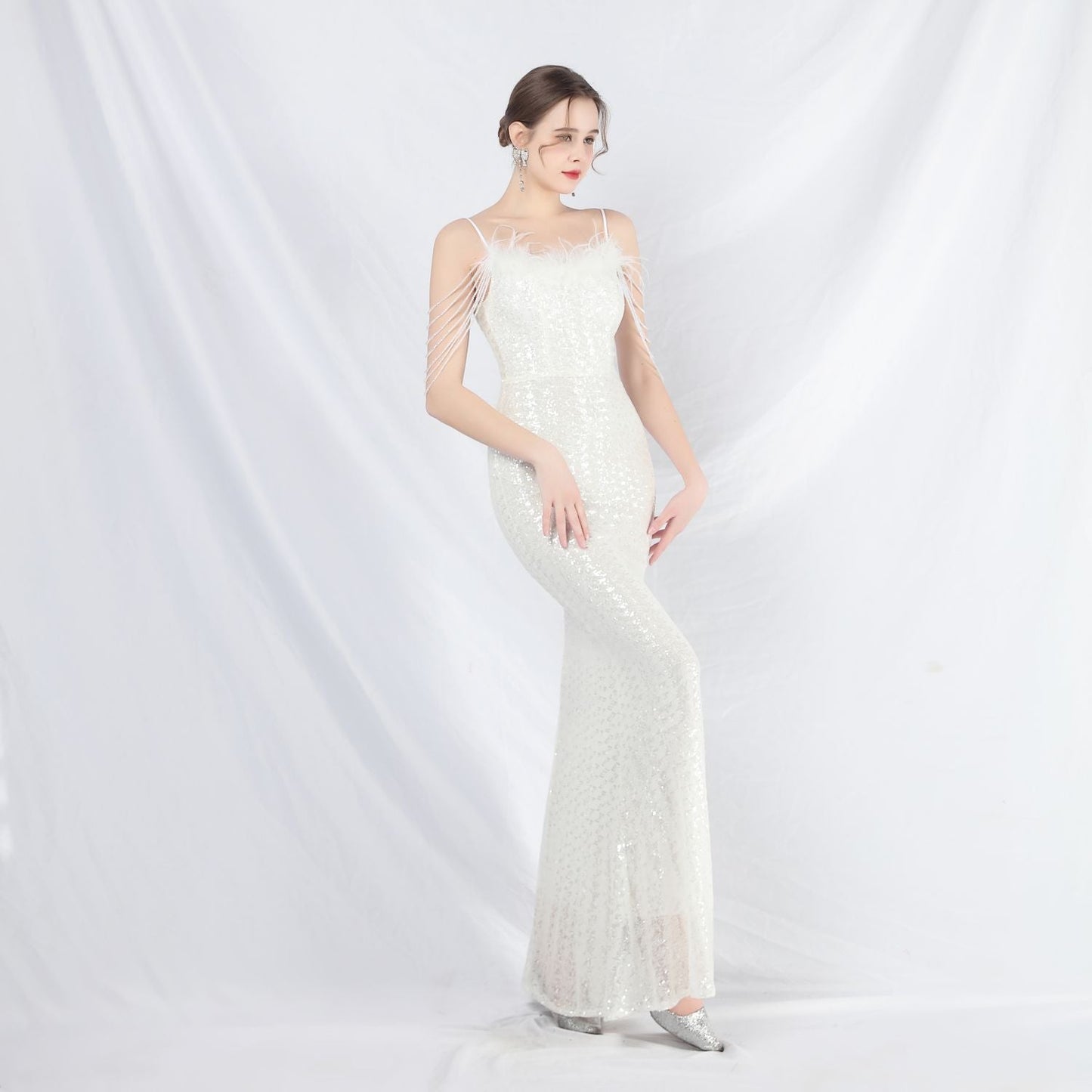 Ostrich Fur Illusion Beaded Formal Dress