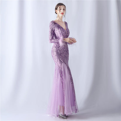 Ostrich Fur Mesh Beaded Formal Dresses