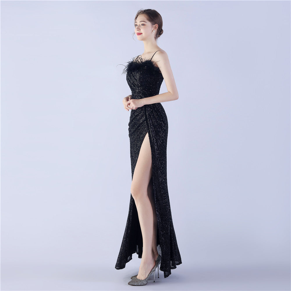 Ostrich Beaded Side Split Formal Dress