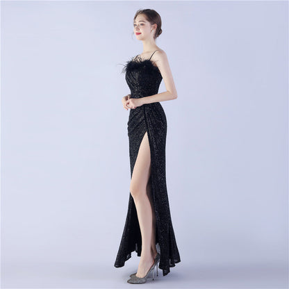 Ostrich Beaded Side Split Formal Dress