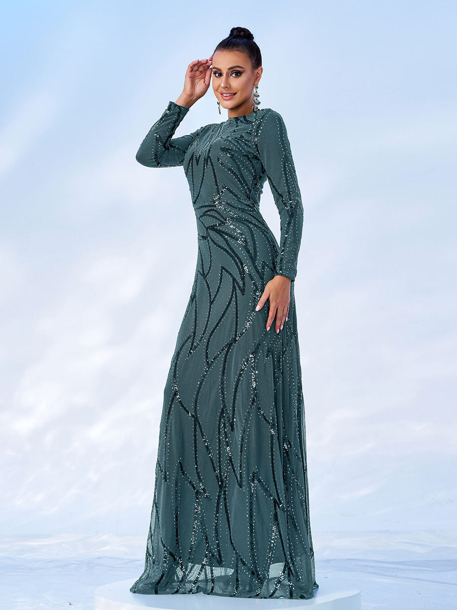 Aライン ロングスリーブ スパンコール ブラック ドレス