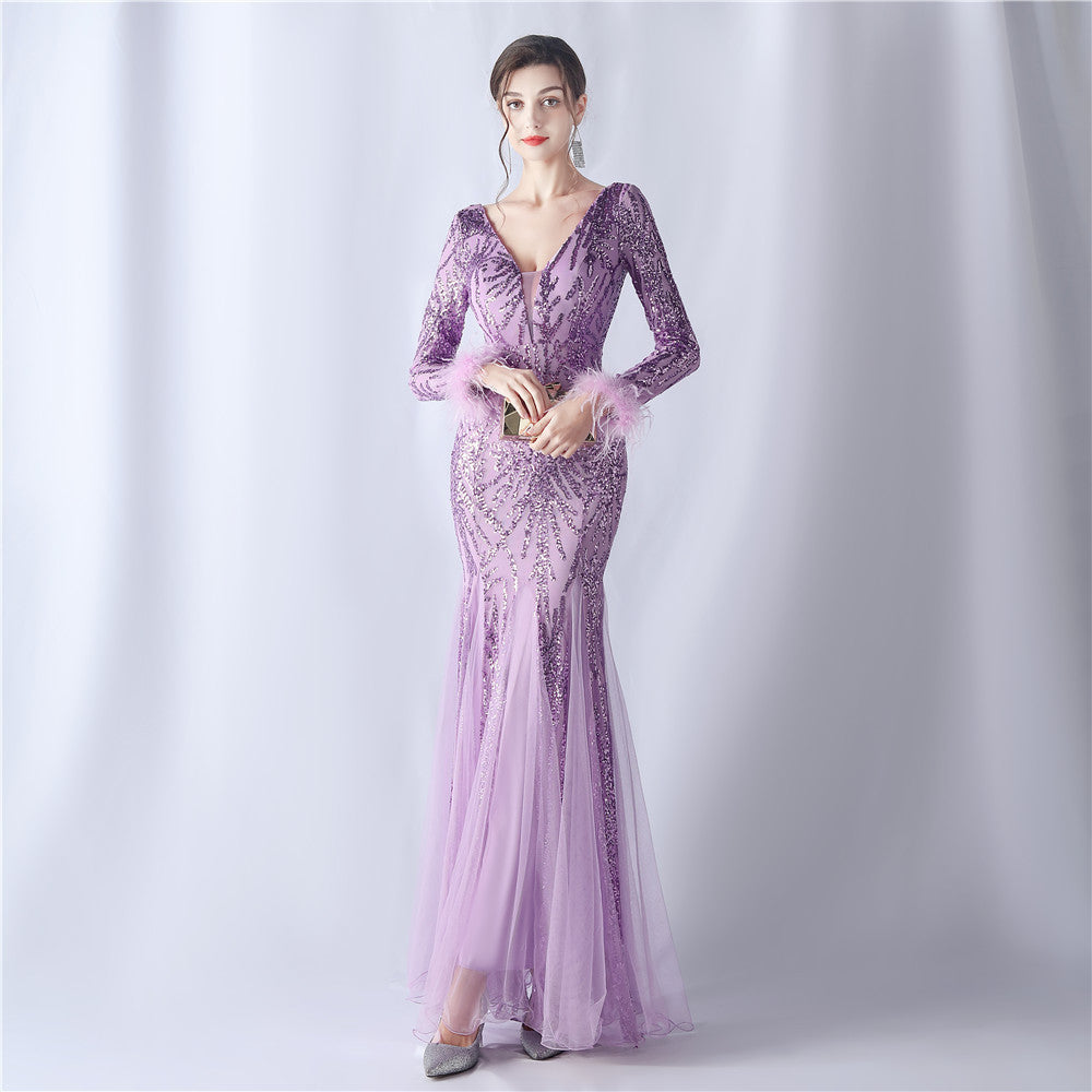 Ostrich Fur Mesh Beaded Formal Dresses