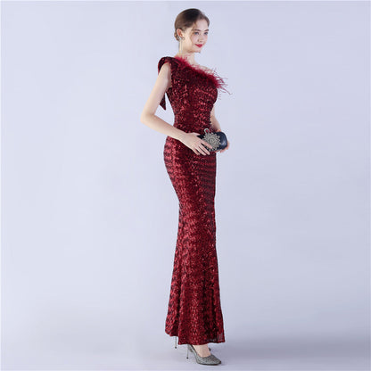Fur Sequin One Shoulder Formal Dress