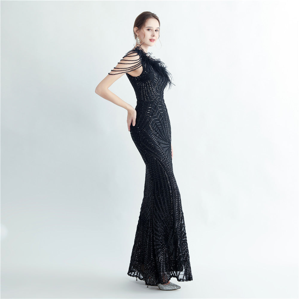 Fur Layered Beaded Formal Dress