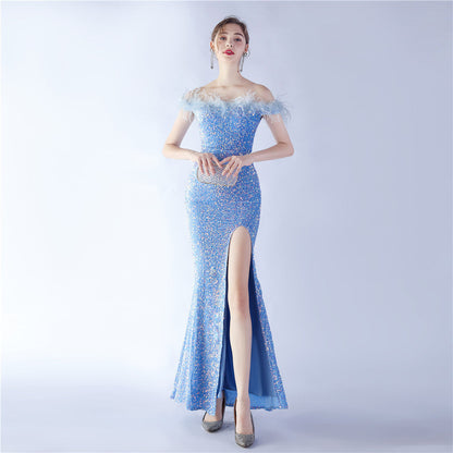 Fur One Shoulder Formal Dress