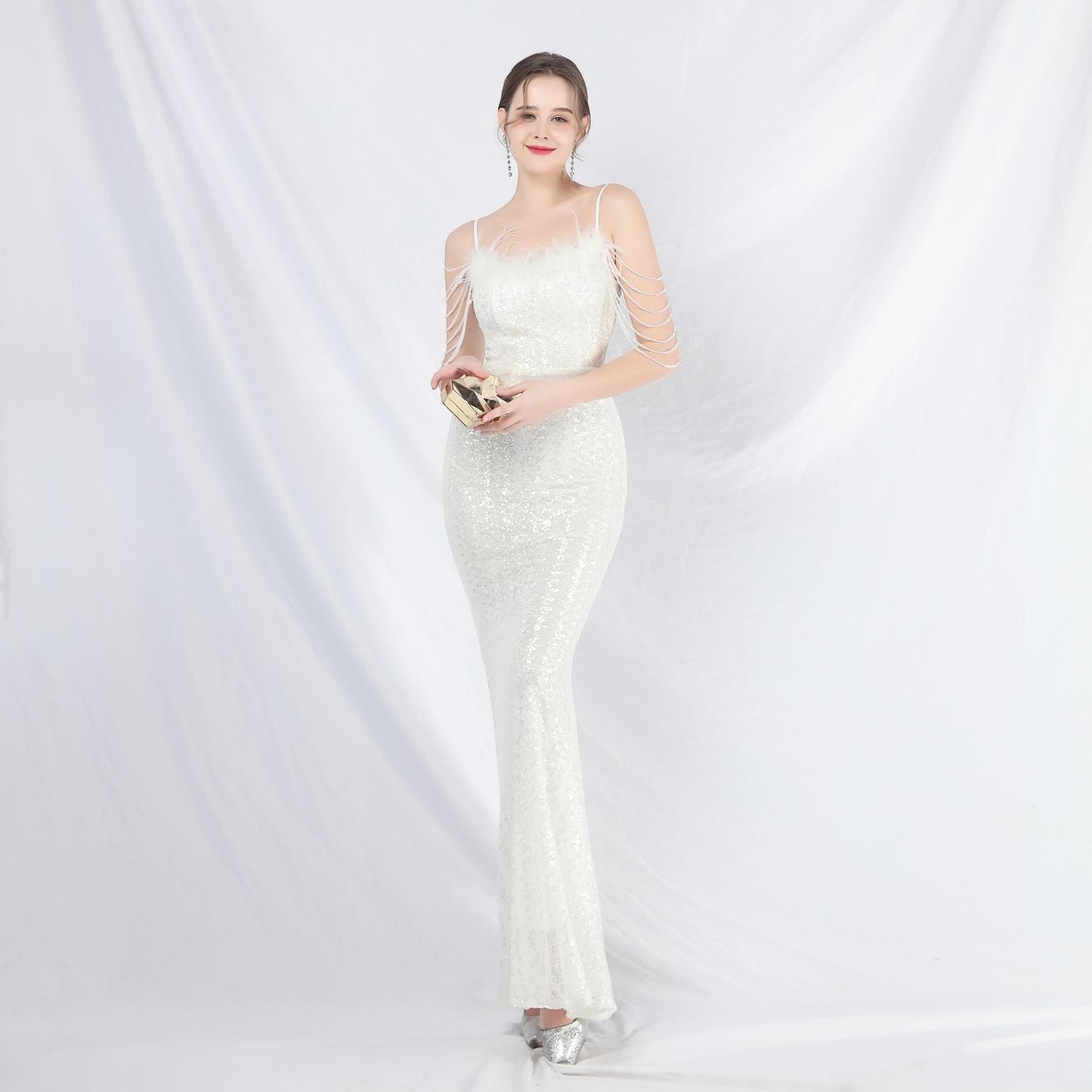 Ostrich Fur Illusion Beaded Formal Dress
